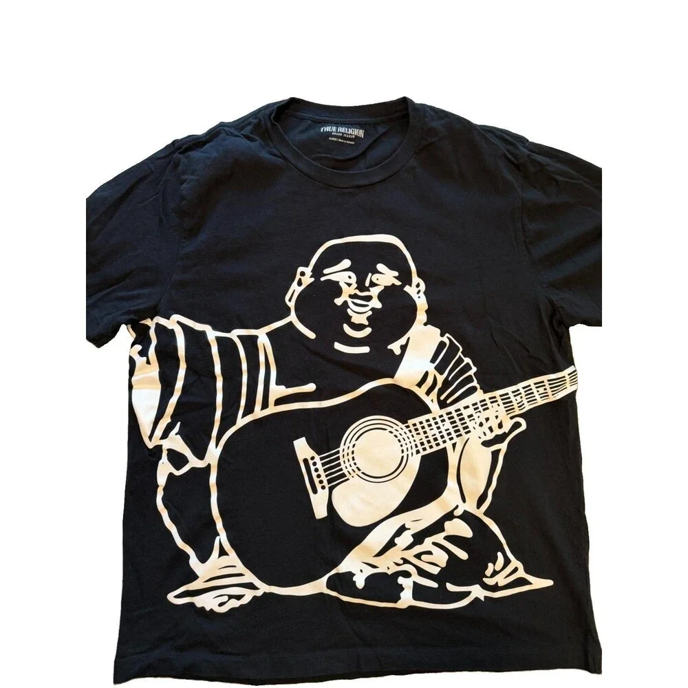 True Religion Mens XL Black T Shirt Oversize Buddha Guitar Graphic Crew